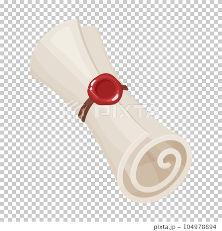 Illustration of parchment scroll fastened with sealing wax Illustration of parchment scroll fastened with sealing wax 104978894