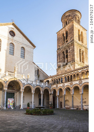 Courtyard of Salerno Cathedral with view of the front entrance and bell tower Courtyard of Salerno Cathedral with view of the front entrance and bell tower 104979237