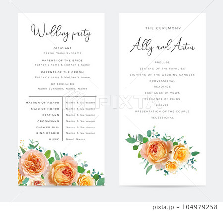 Floral wedding party, ceremony program card. Peach, orange, yellow color rose flowers, green eucalyptus branches, leaves bouquet border. Watercolor, editable vector illustration. Elegant templates set Floral wedding party, ceremony program card. Peach, orange, yellow color rose flowers, green eucalyptus branches, leaves bouquet border. Watercolor, editable vector illustration. Elegant templates set 104979258
