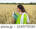 Girl waving flag of Pakistan outdoors over blue cloudy sky and golden wheat. 104979580