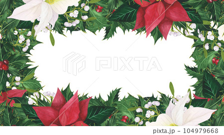 Christmas Frame with holly leaves berries, poinsettia, mistletoe isolated on white background. Watercolor hand drawn borders. Illustration for design decoration, greeting card 104979668