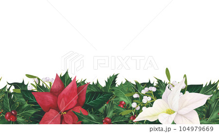 Seamless Border garland with Christmas holly leaves berries, poinsettia, mistletoe isolated on white background. Watercolor hand drawn borders. Illustration for design decoration, greeting card 104979669