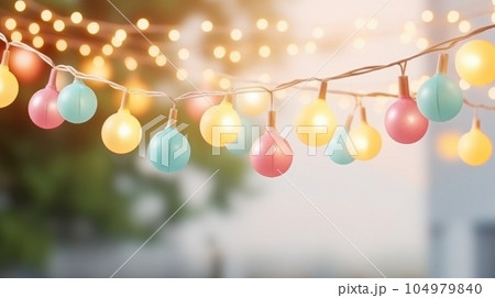 Lights garland on summer beach cafe. Illustration AI Generative 104979840
