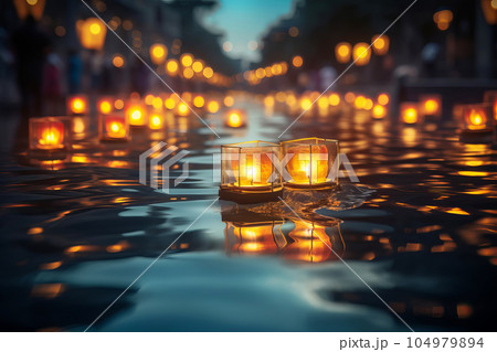 Paper lanterns float on dark water. Traditional Floating Lantern Festival, Memorial Day. Generative AI illustration 104979894