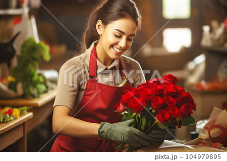 Beautiful woman florist creating bouquet of roses in flower shop. Small business. Generative AI illustration 104979895