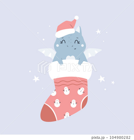 Christmas holiday illustration with adorable dragon in a santa hat sitting in a sock 104980282