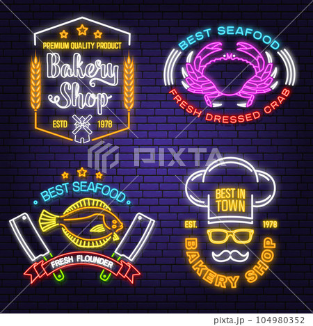 Set of Bakery and seafood badges. Vector. For emblem, sign, menu restaurants with windmill, wheat ears, crab, flounder. Neon sign bright signboard light with crab, Alaska sole or flounder, bread. 104980352