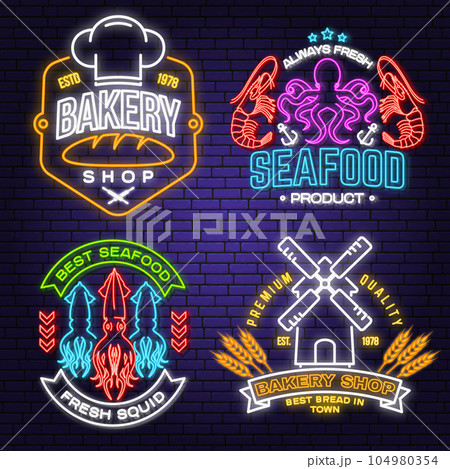 Set of Bakery and seafood badges. Vector. For emblem, sign, menu restaurants with shrimp, octopus, bread, squid, windmill, wheat ears. Neon sign bright signboard light with shrimp, octopus, bread Set of Bakery and seafood badges. Vector. For emblem, sign, menu restaurants with shrimp, octopus, bread, squid, windmill, wheat ears. Neon sign bright signboard light with shrimp, octopus, bread 104980354