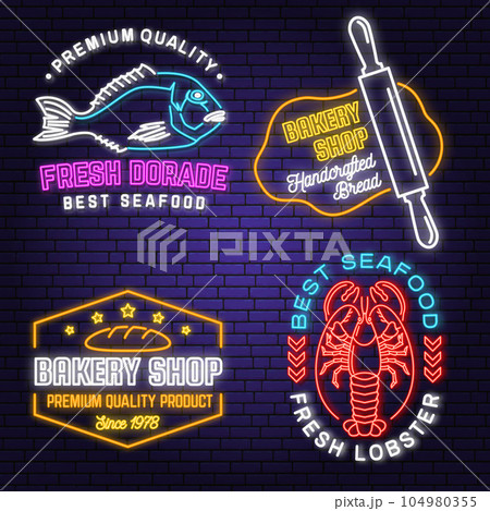 Set of Bakery and seafood badges. Vector. For emblem, sign, menu restaurants with rolling pin, bread, wheat ears, lobster, dorade. Neon sign bright signboard light with dorade, lobster, bread. Set of Bakery and seafood badges. Vector. For emblem, sign, menu restaurants with rolling pin, bread, wheat ears, lobster, dorade. Neon sign bright signboard light with dorade, lobster, bread. 104980355