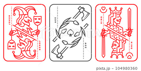 Set of playing card king, joker, ace. Vector illustration. Esoteric, magic Royal playing card king, joker, ace design collection. Line art minimalist style Set of playing card king, joker, ace. Vector illustration. Esoteric, magic Royal playing card king, joker, ace design collection. Line art minimalist style 104980360