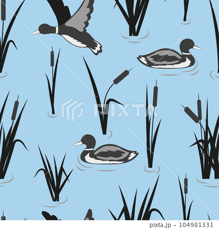 Seamless pond pattern with reeds and ducks. Vector water background. Seamless pond pattern with reeds and ducks. Vector water background. 104981331
