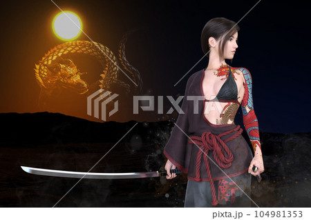 龍の入れ墨の女剣士が刀を構えて戦う 龍の入れ墨の女剣士が刀を構えて戦う 104981353