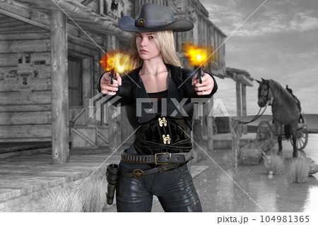 西部の町で女性ガンマンが2丁拳銃を敵に発砲する 104981365