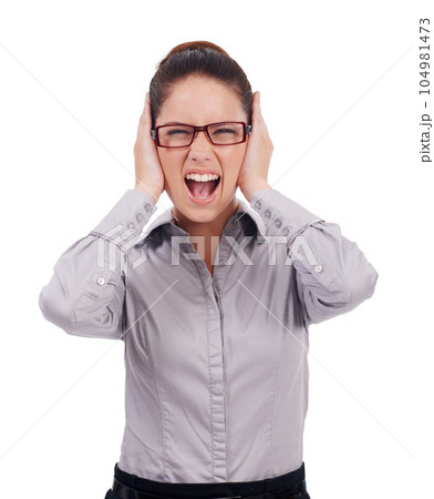 Business woman, scream and covering ears portrait in studio while frustrated, angry and upset. Face of a professional female person isolated in a white background for noise, stress or conflict Business woman, scream and covering ears portrait in studio while frustrated, angry and upset. Face of a professional female person isolated in a white background for noise, stress or conflict 104981473