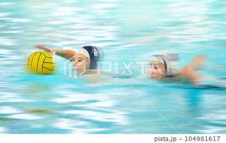 Water sports, polo and athlete swimming with a ball for a competition, exercise or hobby. Fitness, blur motion and female swimmer training to play a professional sport game or match in a indoor pool. 104981617