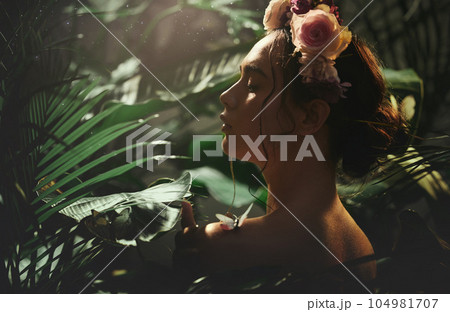Skincare, nature and woman in jungle for beauty, zen and wellness, cleaning and flower cosmetic. Leaf, rose and girl model with crown in amazon, relax and pamper with natural, product and aesthetic Skincare, nature and woman in jungle for beauty, zen and wellness, cleaning and flower cosmetic. Leaf, rose and girl model with crown in amazon, relax and pamper with natural, product and aesthetic 104981707