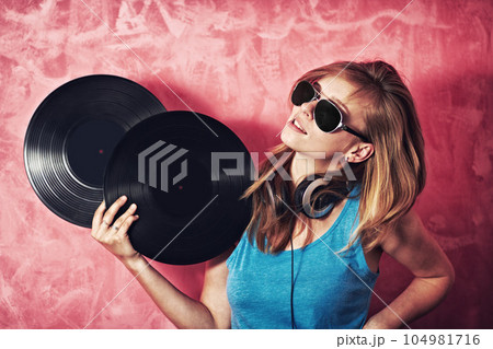 DJ woman, mixer and sunglasses with vinyl records, vision and thinking for career at club, studio or party. Girl, music and party with ideas, headphones and mindset for event, celebration and job DJ woman, mixer and sunglasses with vinyl records, vision and thinking for career at club, studio or party. Girl, music and party with ideas, headphones and mindset for event, celebration and job 104981716