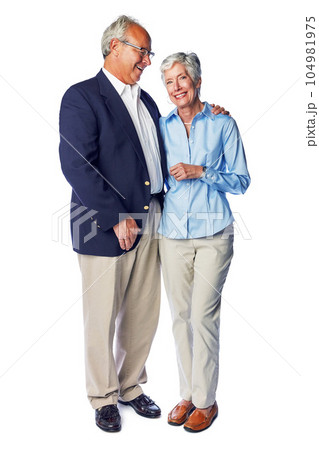 Senior, couple and love by man and woman happy and hugging isolated against a studio white background. Old people or elderly people feeling happiness and affection together enjoying retirement 104981975