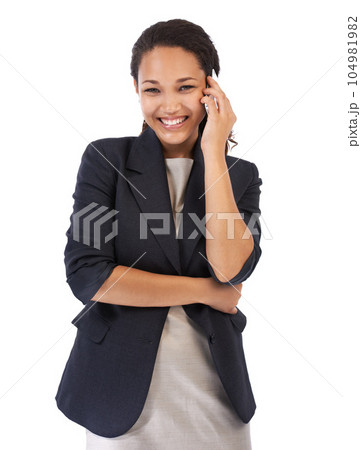 Communication, phone call and portrait of a black woman feeling success from mobile conversation. White background, mobile phone and employee contact marketing career with happy smile and studio 104981982