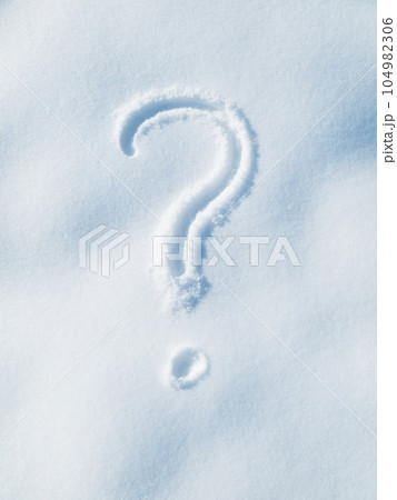 Question mark drawing in snow, winter and sign, icon or symbol outdoor with punctuation. Grammar, wondering and thinking with doubt, decision and snowy weather, ask and problem solving with faq 104982306