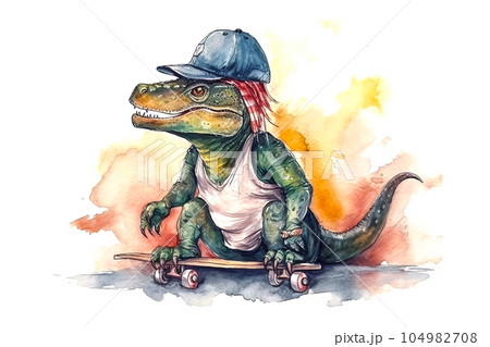 dinosaur on a skateboard against the background of the forest, watercolor generation ai dinosaur on a skateboard against the background of the forest, watercolor generation ai 104982708