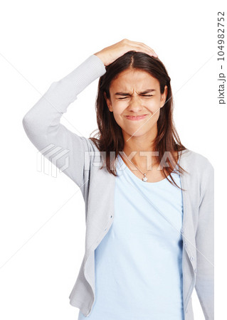 Confused, doubt and mistake with a woman in studio isolated on a white background standing hand on head. Stress, error and fail with an attractive young female on advertising or marketing space Confused, doubt and mistake with a woman in studio isolated on a white background standing hand on head. Stress, error and fail with an attractive young female on advertising or marketing space 104982752