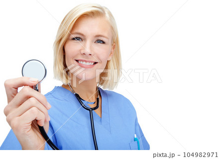 Nurse, portrait and medical stethoscope check on isolated white background in cardiovascular, lungs or heart wellness. Smile, happy woman and face of healthcare worker, equipment or doctor consulting Nurse, portrait and medical stethoscope check on isolated white background in cardiovascular, lungs or heart wellness. Smile, happy woman and face of healthcare worker, equipment or doctor consulting 104982971