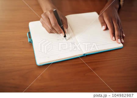 Checklist, writing and hands of woman with notebook for planning, creative ideas and to do list at home. Brainstorming, tick notes and female person write goals, agenda and schedule in journal 104982987