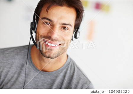 Portrait, call center and happy man in startup for virtual communication online support or e learning consultant. Face of agent, web advisor or person with elearning services, helping and course info 104983329