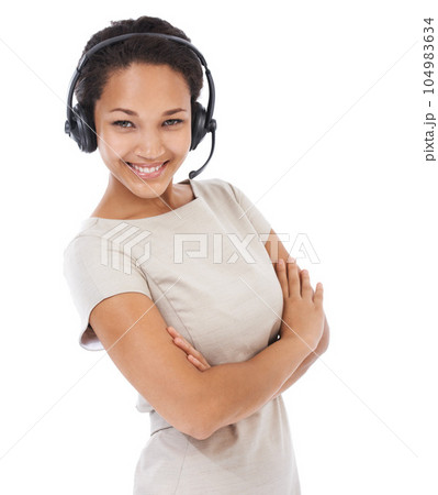 Black woman, studio portrait and arms crossed for telemarketing with headphones, communication and white background. Isolated crm consultant, call center and woman for customer service, tech and goal 104983634