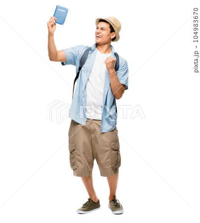 Passport, travel and man excited for vacation, holiday or tourism on white studio background for adventure or flight. Airport, document and person ready with id, boarding pass or papers for journey 104983670