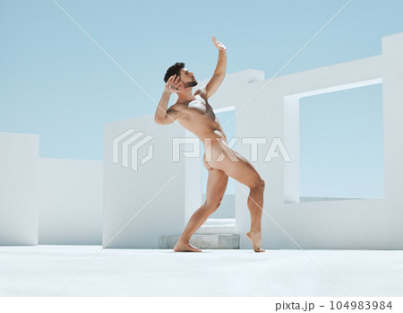 Man model pose, naked statue and art deco frame of a male outdoor for fine and lgbt artwork. Architecture, open space and live greek statues with a person posing as homosexual figure for creativity 104983984