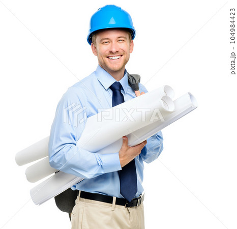 Architecture, blueprint and planning with portrait of man in studio for engineering, isolated and building. Graphics, floor plan and construction with contractor on white background for inspection Architecture, blueprint and planning with portrait of man in studio for engineering, isolated and building. Graphics, floor plan and construction with contractor on white background for inspection 104984423