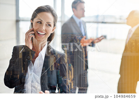 Call, city overlay and woman thinking of business communication, happy networking and news on phone. Ideas, feedback and corporate person talking solution to client on mobile chat in glass reflection Call, city overlay and woman thinking of business communication, happy networking and news on phone. Ideas, feedback and corporate person talking solution to client on mobile chat in glass reflection 104984659