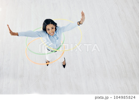 Energy, hoop and portrait of business woman in office for freedom, motivation and playful. Smile, celebration and creative with female employee from top view for excited, career and mockup space Energy, hoop and portrait of business woman in office for freedom, motivation and playful. Smile, celebration and creative with female employee from top view for excited, career and mockup space 104985824
