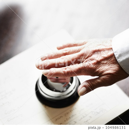 Bell, ring and person hands for hospitality, customer services and receptionist desk for information. Senior help, support and elderly people press sound for attention, registration and hotel booking Bell, ring and person hands for hospitality, customer services and receptionist desk for information. Senior help, support and elderly people press sound for attention, registration and hotel booking 104986131