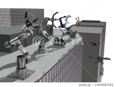 都市や社会の未来を支えるイメージを、ビルと産業用ロボット、ドローンとで表現した3Dイメージ(背景白) 都市や社会の未来を支えるイメージを、ビルと産業用ロボット、ドローンとで表現した3Dイメージ(背景白) 104986393