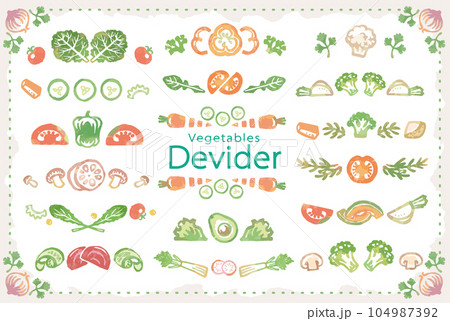 野菜のイラストを使った仕切り・飾りのセット。水彩風、ベクター素材。 野菜のイラストを使った仕切り・飾りのセット。水彩風、ベクター素材。 104987392