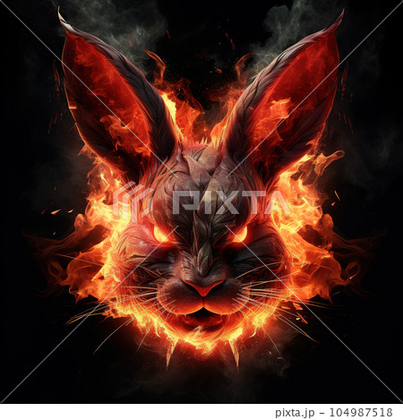 Image of angry rabbit face and flames on dark background. Wildlife Animals. Illustration, Generative AI. 104987518