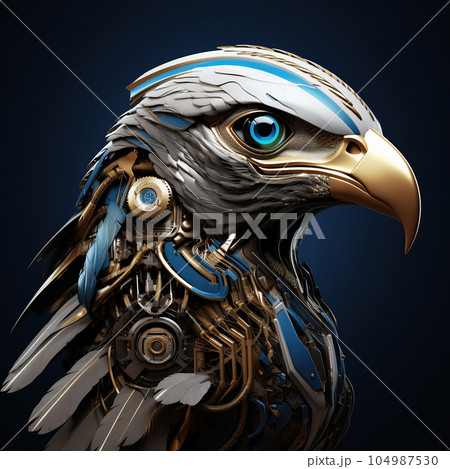 An eagle head that is a futuristic machine of the future world. Bird. Wildlife Animals. Illustration, Generative AI. 104987530