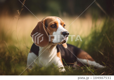 Image of beagle dog resting on green pasture grass on summer. Pet. Animals. Illustration. Generative AI. 104987531