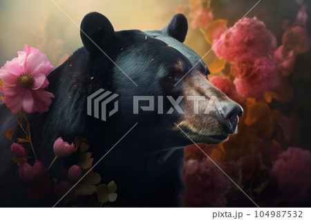 Image of black bear head surrounded by colorful tropical flowers. Wildlife Animals. Illustration, Generative AI. 104987532