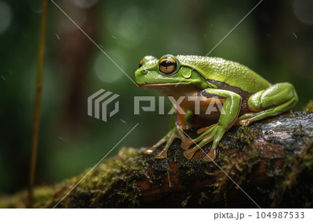 Image of green frog in nature forest. Amphibian. Illustration, Generative AI. 104987533