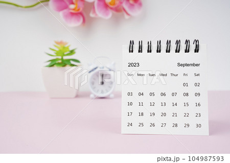The September 2023 desk calendar and pink orchid with alarm clock. The September 2023 desk calendar and pink orchid with alarm clock. 104987593