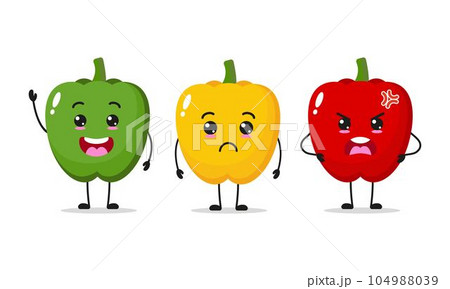 three color of paprika cartoon with many expressions. vegetable different activity vector illustration flat design. bell pepper for children story book. 104988039