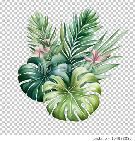 jungle, summer, watercolor, tropical, nature, illustration, plant, leaf, botanical, background, wallpaper, palm, forest, foliage, green, tropic, tree, exotic, paradise, decoration, hawaii, art, 104988050