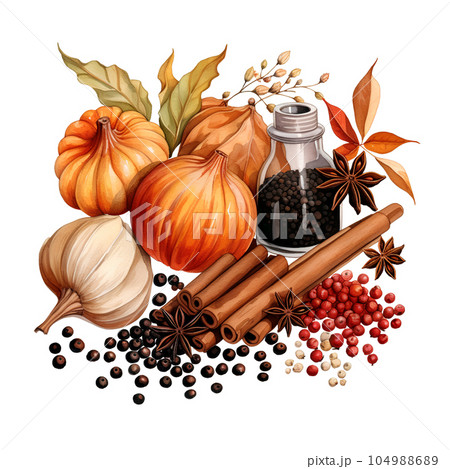 illustration, autumn, watercolor, fall, nature, season, orange, spice, design, october, leaf, thanksgiving, background, isolated, white, leaves, drawing, food, art, pumpkin, holiday, drink, cozy 104988689