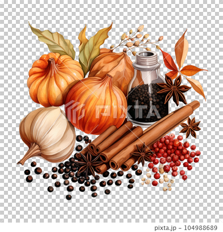 illustration, autumn, watercolor, fall, nature, season, orange, spice, design, october, leaf, thanksgiving, background, isolated, white, leaves, drawing, food, art, pumpkin, holiday, drink, cozy 104988689