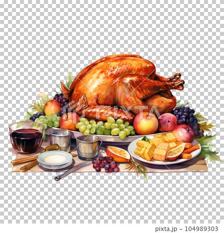 dinner, thanksgiving, watercolor, food, autumn, illustration, holiday, turkey, celebration, decoration, isolated, background, drawing, traditional, harvest, fall, november, card, invitation, art, 104989303