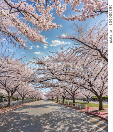 桜並木が続く道「AI生成画像」桜が満開の季節　卒業式　入学シーズン#AI #生成画像 104989899
